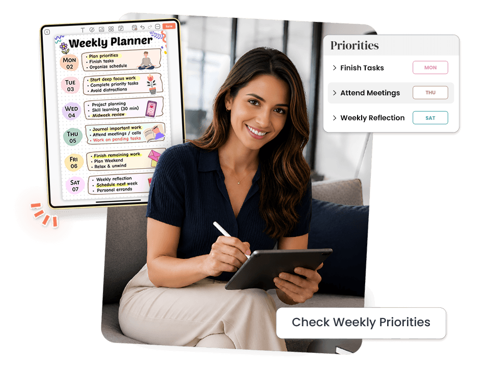 Woman using weekly planner on tablet with daily priorities panel visible