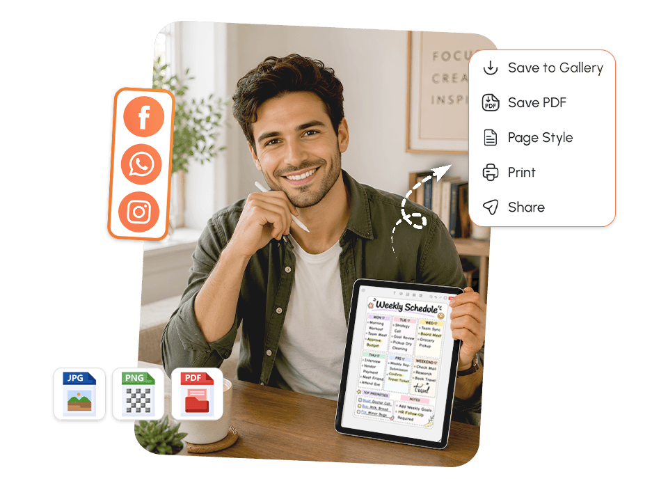 Man holding tablet with weekly schedule open, showing save and share options in JPG, PNG, PDF