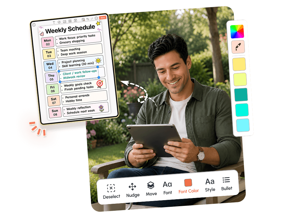 Man customizing weekly schedule template with font color and style tools on tablet