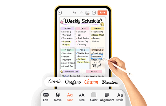 Weekly schedule template being edited with stylus, font options shown below