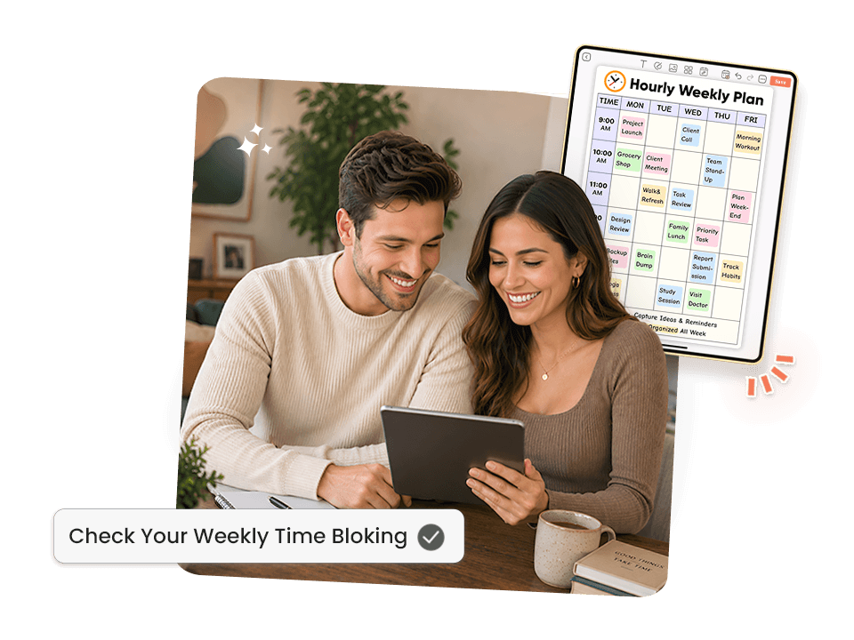 Couple viewing hourly weekly time blocking plan on tablet