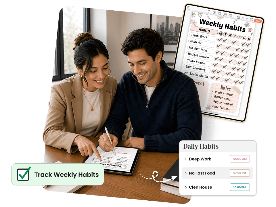 Couple tracking weekly habits on tablet with daily habits checklist shown