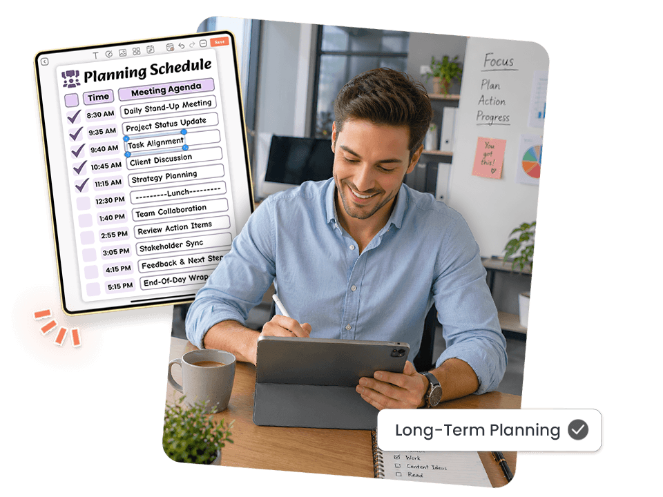 Man using long-term planning schedule on tablet with timed meeting agenda