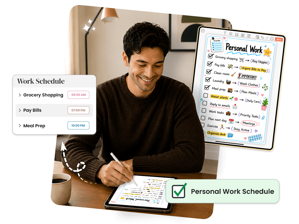 WMan managing personal work schedule on tablet with grocery, bills, and meal prep tasks
