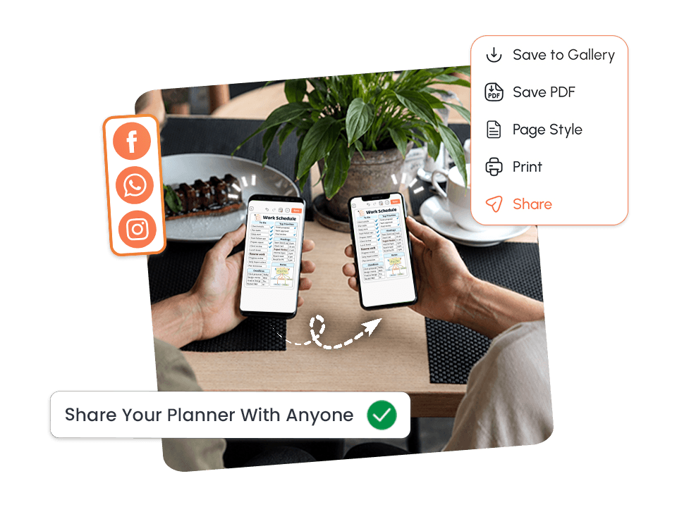 Two people sharing work schedule between phones with save and share options visible