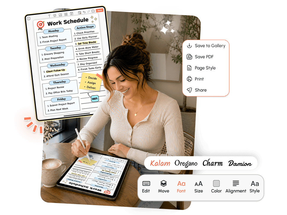 Woman using weekly work schedule maker on tablet with font and save options visible