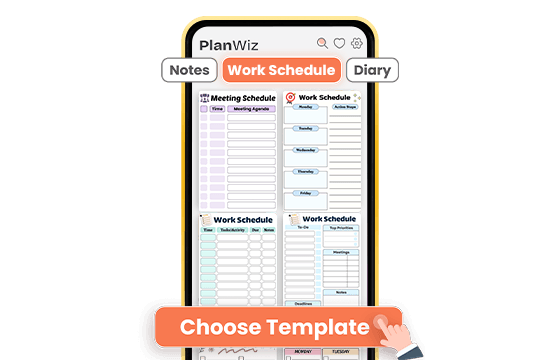 PlanWiz app screen showing work schedule templates with Choose Template button