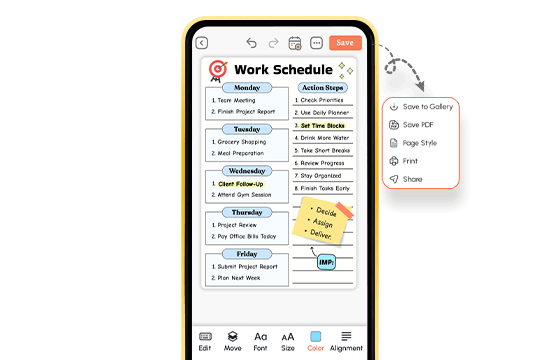Completed weekly work schedule on mobile with action steps and save options