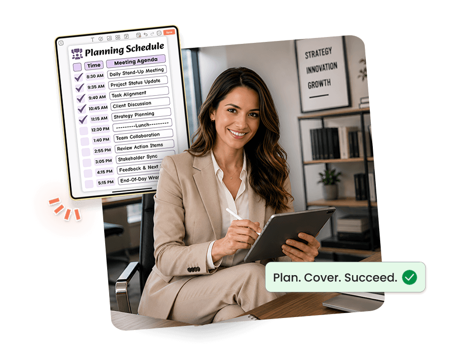 Woman using meeting planning schedule on tablet with timed agenda and coverage plan