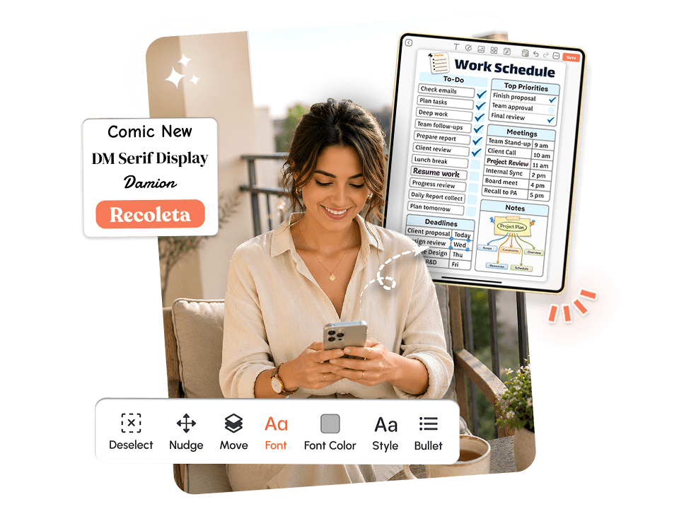 Woman customizing work schedule with to-do, meetings, and deadlines using font style tools on mobile