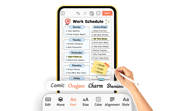 Work schedule template being edited with stylus, font options shown below