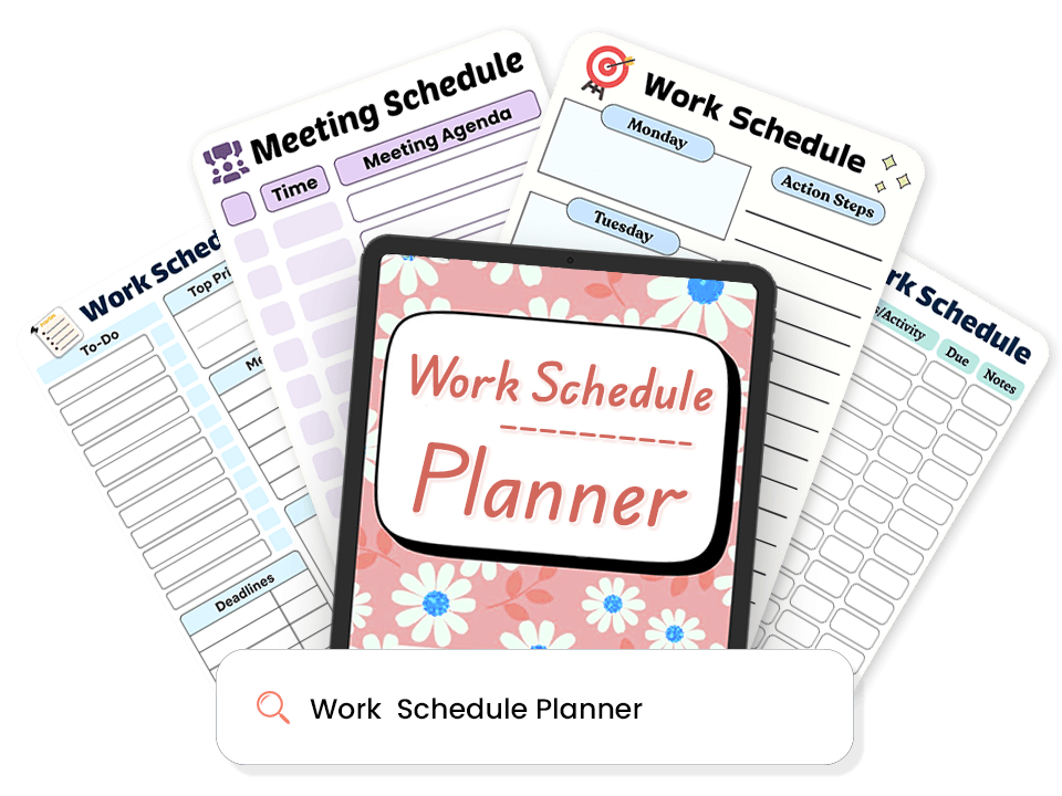  Work schedule planner template library showing meeting, action steps, and to-do layouts